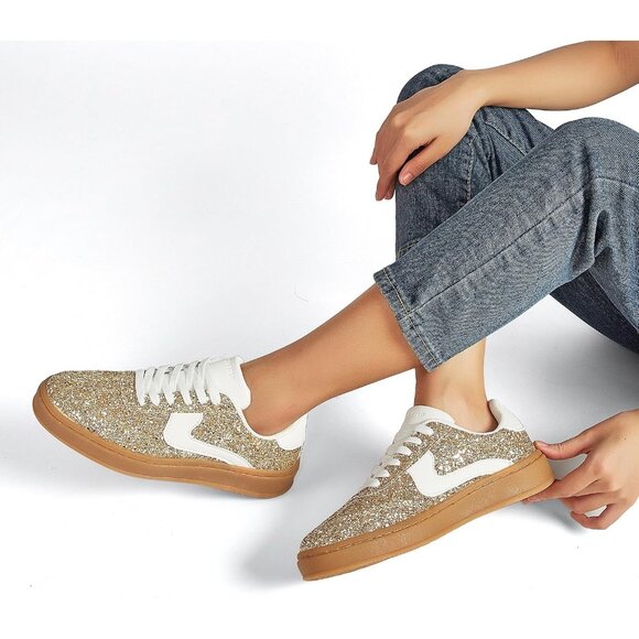 Lucky Step Women Gold White Sparkly Bling Shiny Dressy Bedazzled Bridal Sneakers - Picture 8 of 9